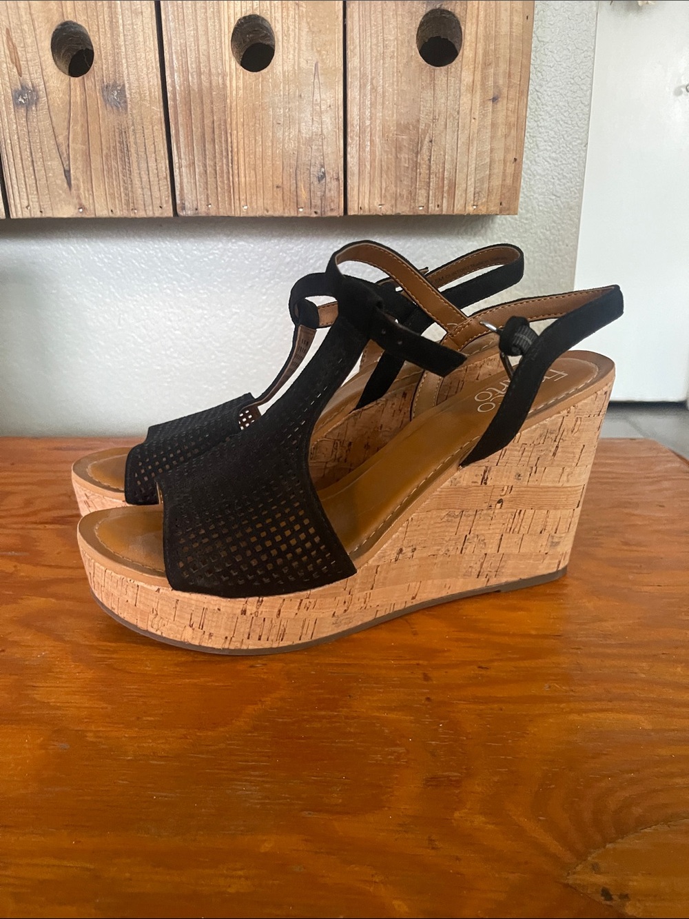 Franco Sarto Black and Cork Wedge Sandals